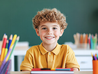 Cheerful boy learning at desk classroom portrait bright environment close-up