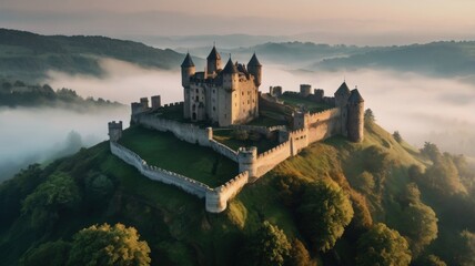 Majestic Medieval Fortress Rising Above Enchanted Fog in a Serene Mountain Landscape, Capturing the Essence of Timeless History and Natural