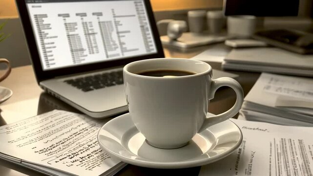 Coffee cup placed on saucer next to a laptop and scattered papers during a productive work session