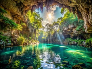 Fototapeta premium Vintage Style Photo: Crystal-Clear Cenote Caves, Yucatan Peninsula, Mexico