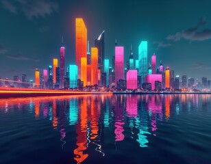 Fototapeta premium Futuristic cityscape at night. Modern skyscrapers glow with vibrant neon lights. Colorful reflections dance on water. City landscape glows with energy, tech. Abstract art with bright colors. Urban