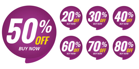 Different percent discount sticker discount price tag set. Red round speech bubble shape