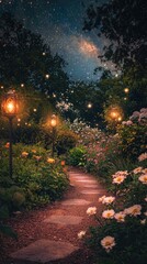 Fototapeta premium Serene Garden Pathway Under Starry Sky with Lanterns and Flowers