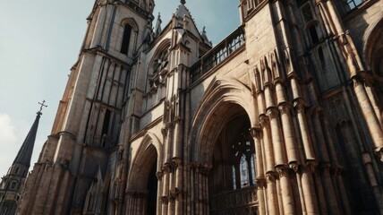 Obraz premium The Majestic Facade of a Historic Cathedral Showcasing Intricate Gothic Architecture Against a Clear Blue