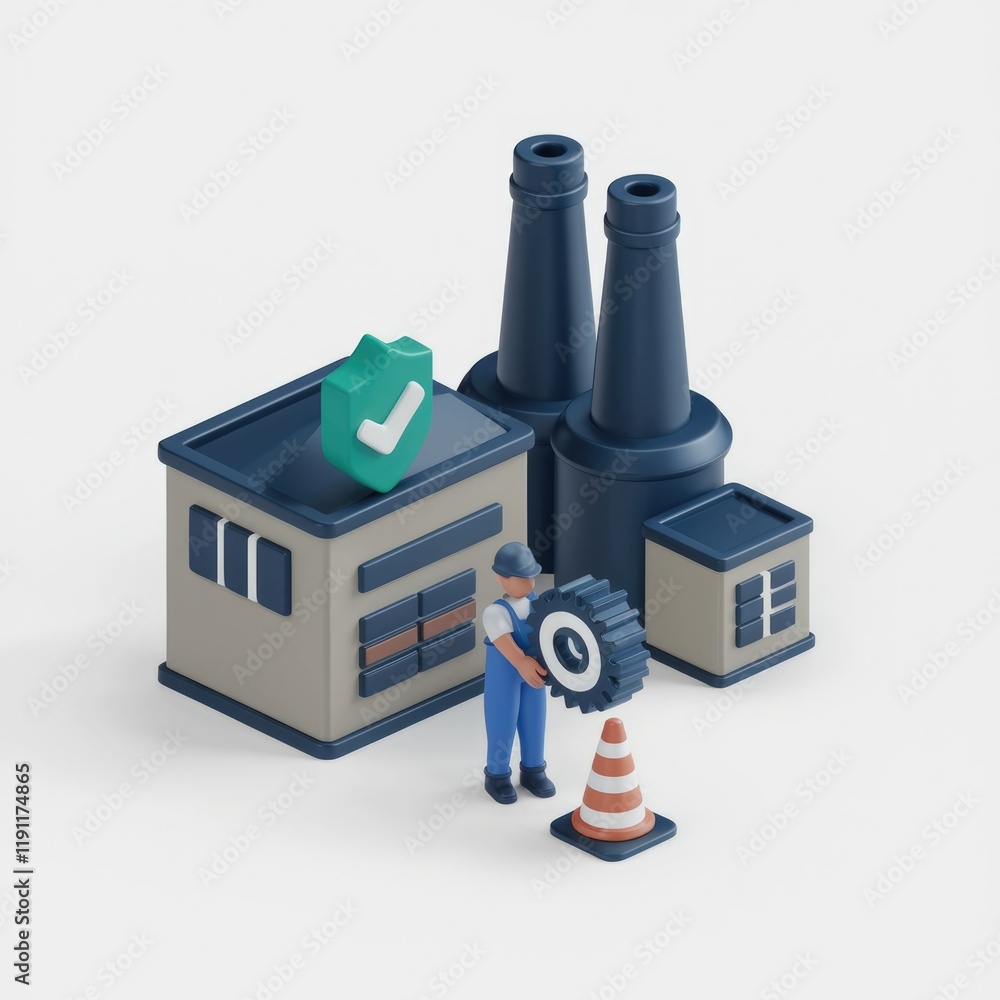 Poster a 3d illustration of a factory with a worker installing a gear, emphasizing safety and maintenance.