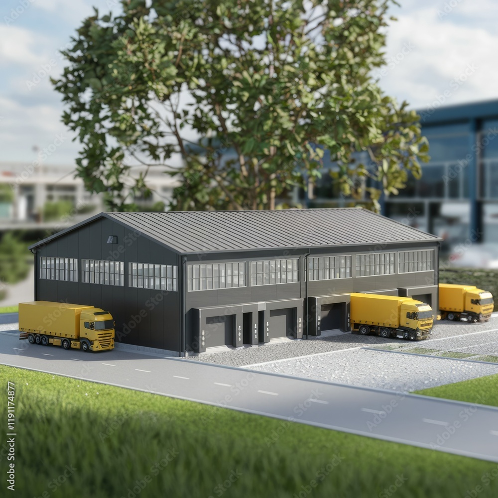 Poster modern warehouse with three loading docks and multiple delivery trucks parked outside.