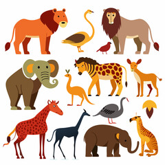 A collection of stylized illustrations of various African animals, including mammals, birds, and reptiles