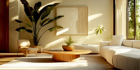 A bright and airy living room featuring natural light and minimalist decor. The cozy space features a round wooden table and plants, promoting a sense of tranquility and comfort. AI