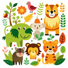 A colorful collection of cute cartoon jungle and forest animals, including a bear, elephant, fox, giraffe, rabbit, tiger, lion, deer, owl, crocodile, monkey, and hippo, with accompanying foliage 