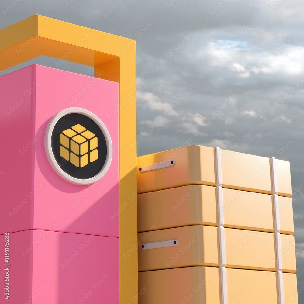 Poster Abstract 3D render of a pink and yellow structure with a cube logo, suggesting modern design or technology.