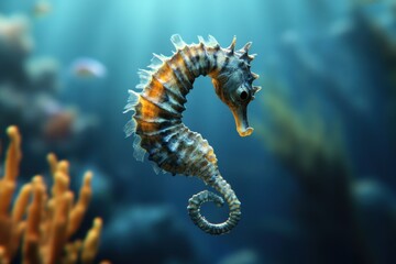 Graceful seahorse drifting in vibrant coral reef scene