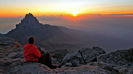 Obraz premium Sunrise Mountaintop View Man Contemplates Majestic Landscape