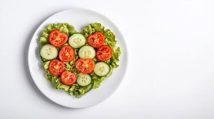 Romantic Valentine’s Evening: Hearts and Dinner Delight, Heart-shaped salad with tomatoes and cucumbers on a white plate.