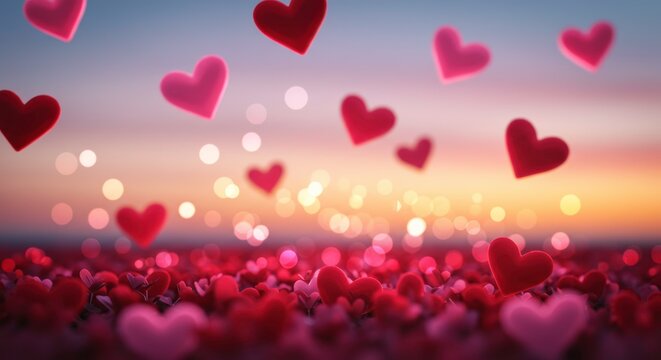Fototapeta Falling in Love: A romantic sunset scene filled with many hearts floating gently on the breeze, creating a magical and dreamy atmosphere perfect for Valentine's Day or expressing love and affection.