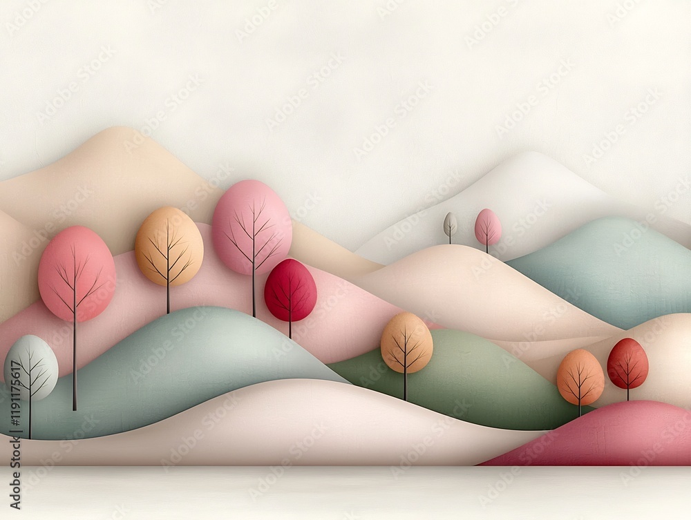 Poster serene and contemporary pastel landscape with soft gradient transitions from delicate pink to warm b