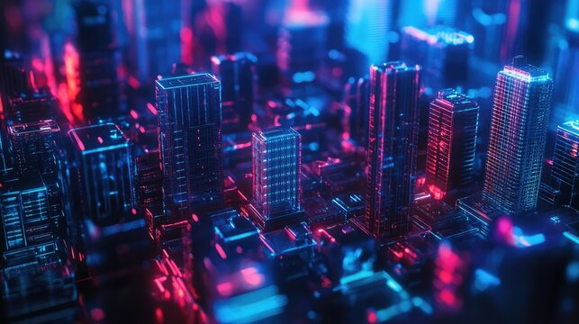 A futuristic urban landscape featuring tall,
