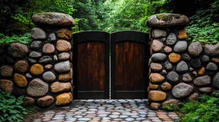 Naklejka premium Rustic Stone Gate and Cobblestone Pathway Leading to a Lush Forest