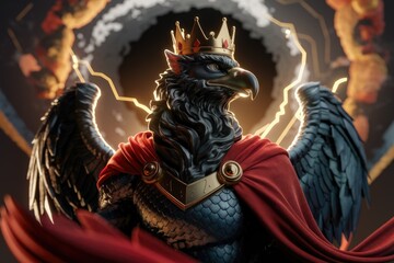 Fototapeta premium A majestic griffin, crowned and cloaked, commands with regal power and mythical grace.