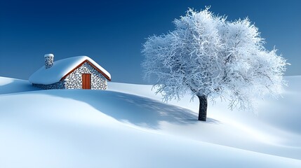 winter landscape, snow-covered field, lone tree with frost-covered branches, small red cabin, blue sky, hot air balloon in distance, serene atmosphere, white snow, magical winter scene, fantasy 