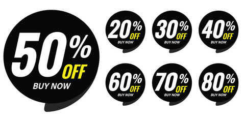 Different percent discount sticker discount price tag set. Red round speech bubble shape promote buy now with sell off up to 20, 30, 40, 50, 60, 70, 80 percent vector illustration isolated on white Se