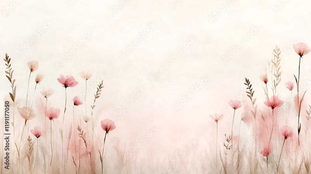 Poster Tranquil pastel toned meadow with a gentle gradient transitioning from pale pink to soft beige featuring a subtle textured overlay that adds visual depth to the simple minimalist composition