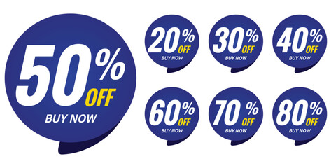 Blue Percent Discount Sticker Set – Buy Now Labels with 20% to 80% Off for Sales, Promotions, and Special Offer Tags