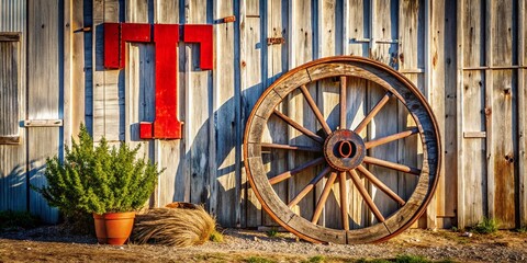 Vintage Texas Wagon Wheel Spoke Sign on Rustic White Barn - Stock Photo
