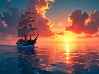 Fototapeta premium Sunset over the sea, ship in the sunset