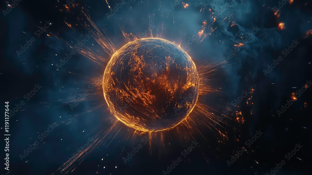 Poster fiery planet exploding in space, cosmic rays, nebula.