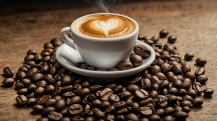 Fototapeta premium A Captivating Cup of Artfully Crafted Coffee Surrounded by Freshly Roasted Coffee Beans, Evoking Warmth and Comfort in Every Sip