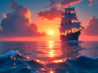 Fototapeta premium Sunset over the sea, ship in the sunset