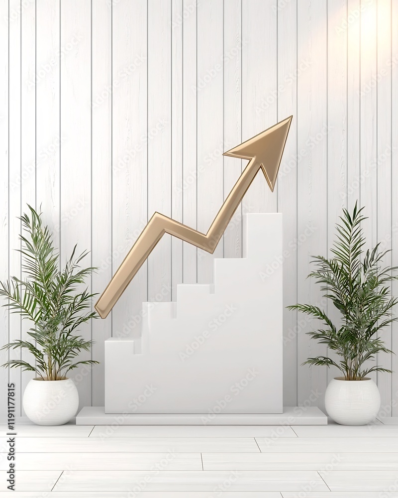 Poster minimalist white studio space with an elegant financial chart displaying an upward pointing arrow ev