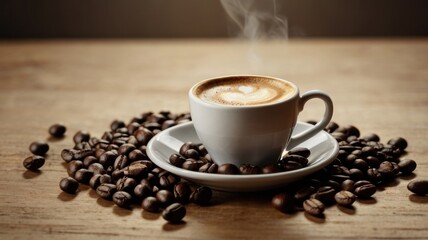 A Captivating Cup of Artfully Crafted Coffee Surrounded by Freshly Roasted Coffee Beans, Evoking Warmth and Comfort in Every Sip