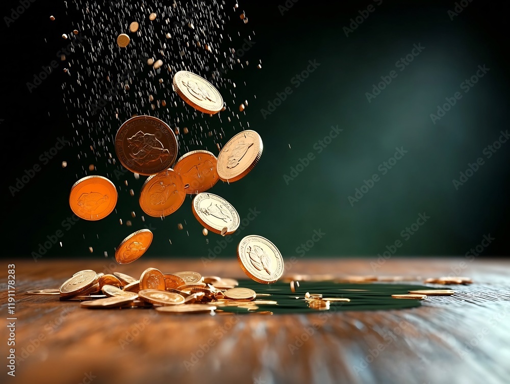 Poster dozens of lustrous golden coins raining down in a shimmering cascade across a smooth mahogany table 
