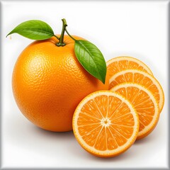 A realistic image of a fresh orange with a shiny textured peel paired with green leaves  