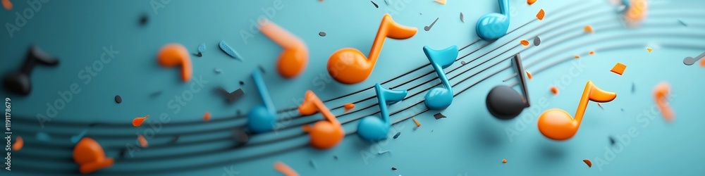 Poster musical staff with notes of different frequencies in 3d rendering this digital showcases a modern an