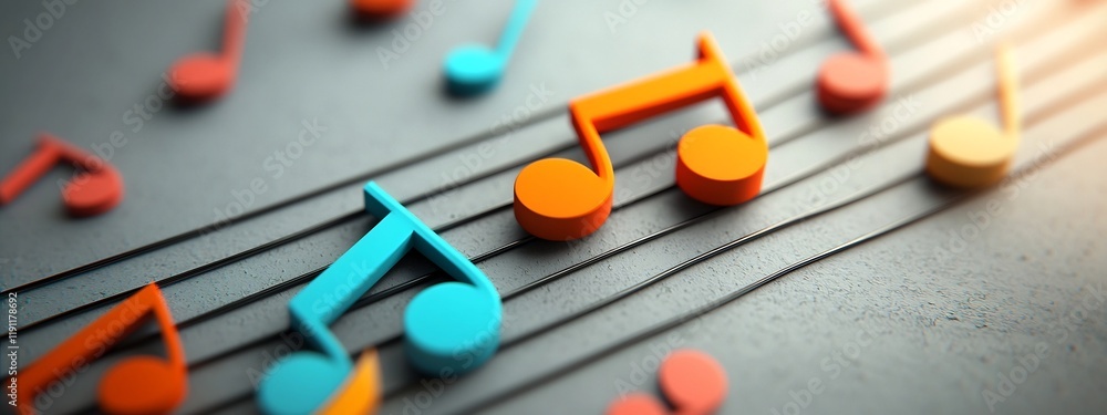 Poster a 3d rendered representation of a musical staff with colorful and dynamic notes of different frequen