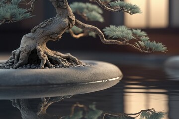 Fototapeta premium Ancient bonsai tree gracefully sits in a stone pot, its reflection mirrored in still water.
