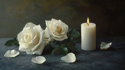 "White Candle with Roses and Flower Petals: Funeral Memorial, Sympathy, and Condolence Card for Death Notice"