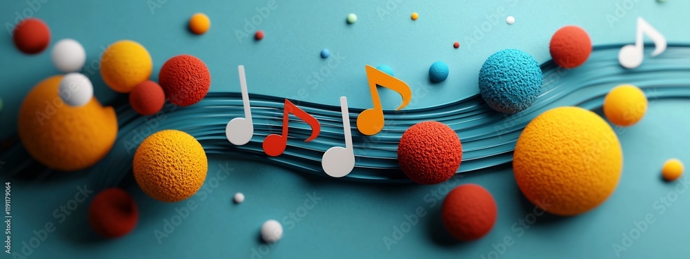 Aufkleber a digital 3d of an musical staff with notes and vibrant colorful spherical elements creating a moder