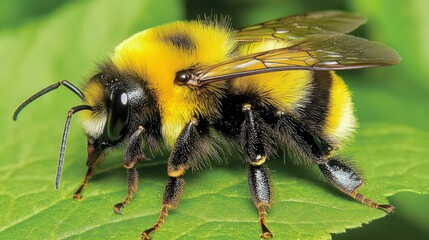 Yellow and Black Bumblebee on a Green Leaf