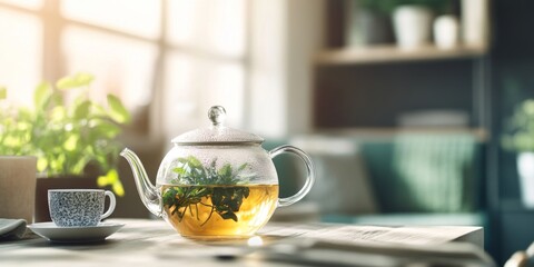 A clear glass teapot filled with fresh herbal tea sits on a wooden table. Soft sunlight illuminates the scene. This image conveys warmth and calm. Perfect for relaxation. AI