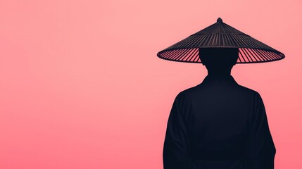 A silhouette of a person wearing a traditional conical hat against a soft pink background, evoking a serene and contemplative atmosphere.