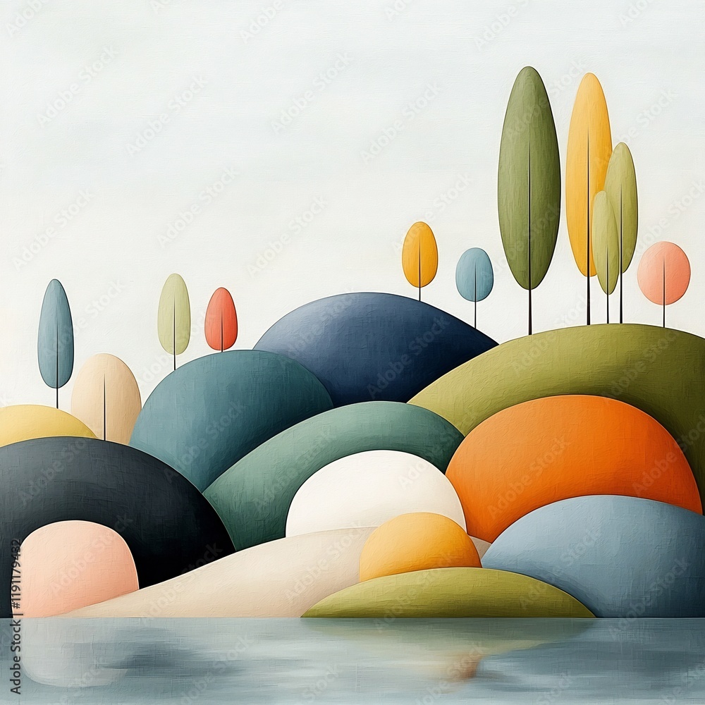 Poster harmonious arrangement of soft organic shapes in a muted pastel color palette creating a tranquil so