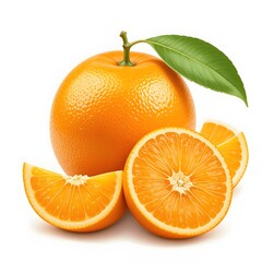 A realistic image of a fresh orange with a shiny textured peel paired with green leaves  