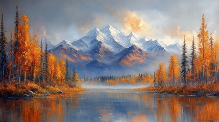 Fototapeta premium Serene autumnal lake reflecting snow-capped mountains.