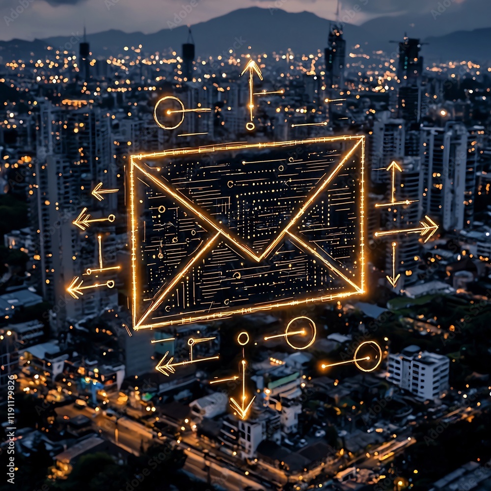 Poster conceptual depicting global digital networking and data communication with a minimalist architectura