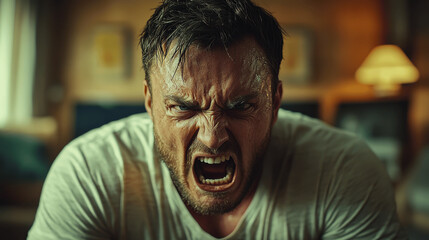 Fototapeta premium Intense moment of a man expressing raw emotion during a workout at home in the evening