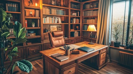 Cozy Wood Office Space with Bookshelves and Warm Lighting