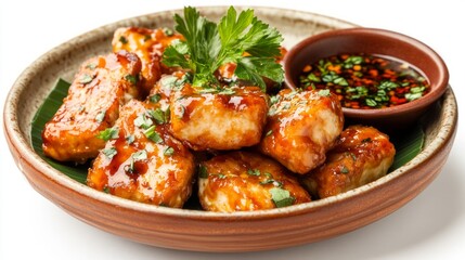 Fototapeta premium Glazed chicken bites, savory sauce, garnish, white background; restaurant menu
